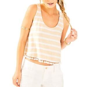 NWOT Lilly Pulitzer Shirley Cropped Tank Top Striped Pom Pom Heather Sand Bar L
